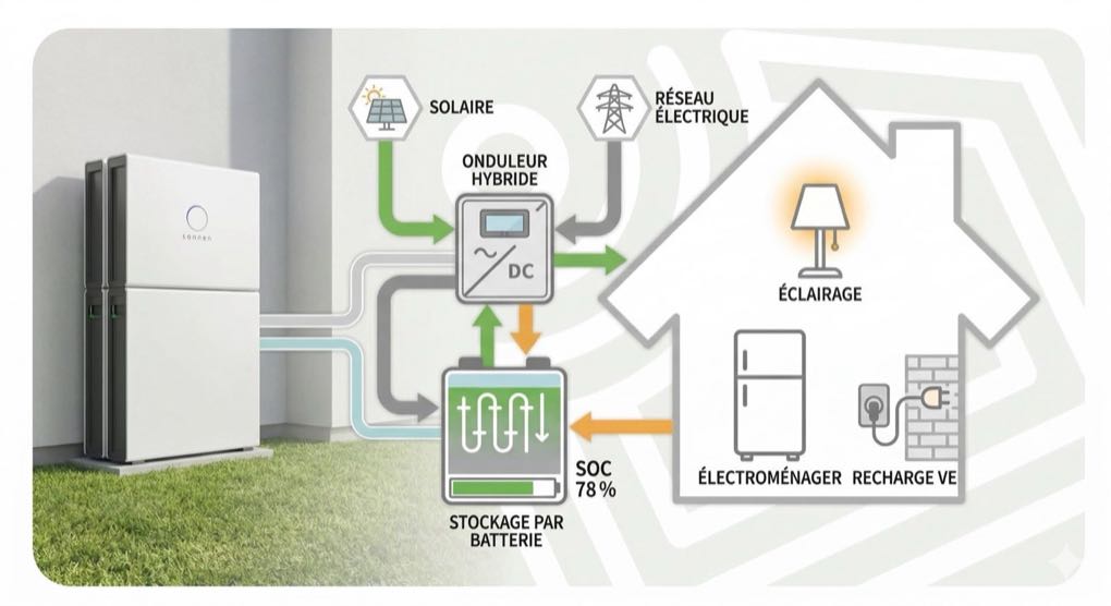 Schéma du fonctionnement d'une batterie de stockage : les panneaux solaires alimentent un onduleur hybride, qui répartit l'énergie entre la maison, la batterie et le réseau électrique