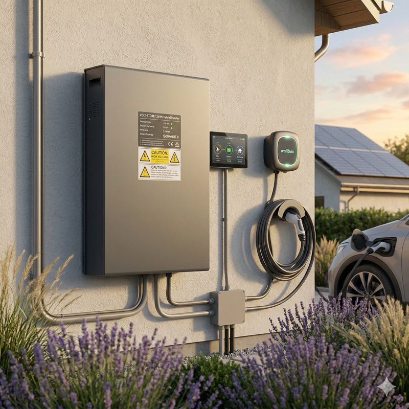 Batterie de stockage murale avec onduleur hybride, installée en façade à côté d'une borne de recharge et d'un véhicule électrique