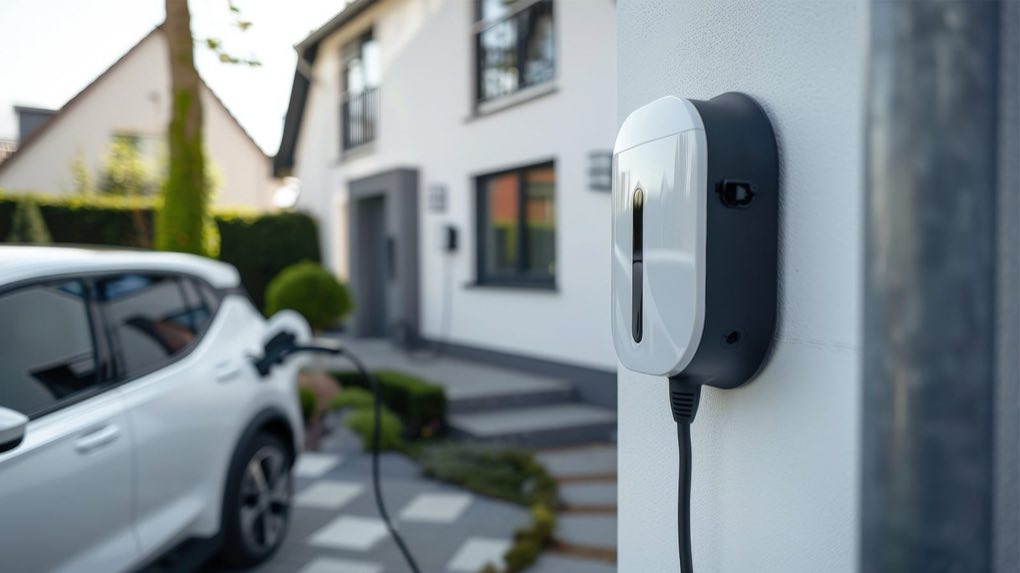 Borne de recharge murale en service, raccordée à un véhicule électrique devant une habitation