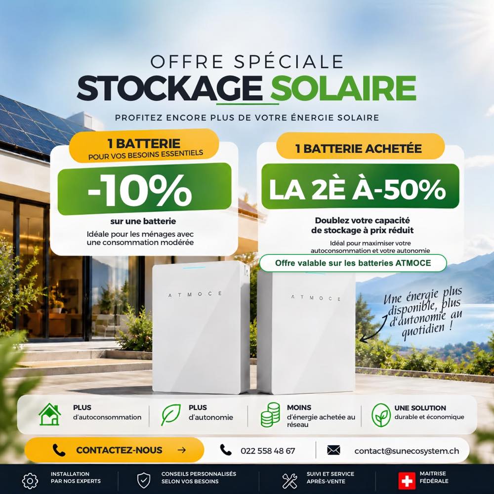 Offre spéciale stockage solaire Sun Eco System : -10 % sur une batterie, ou la deuxième batterie ATMOCE à -50 %